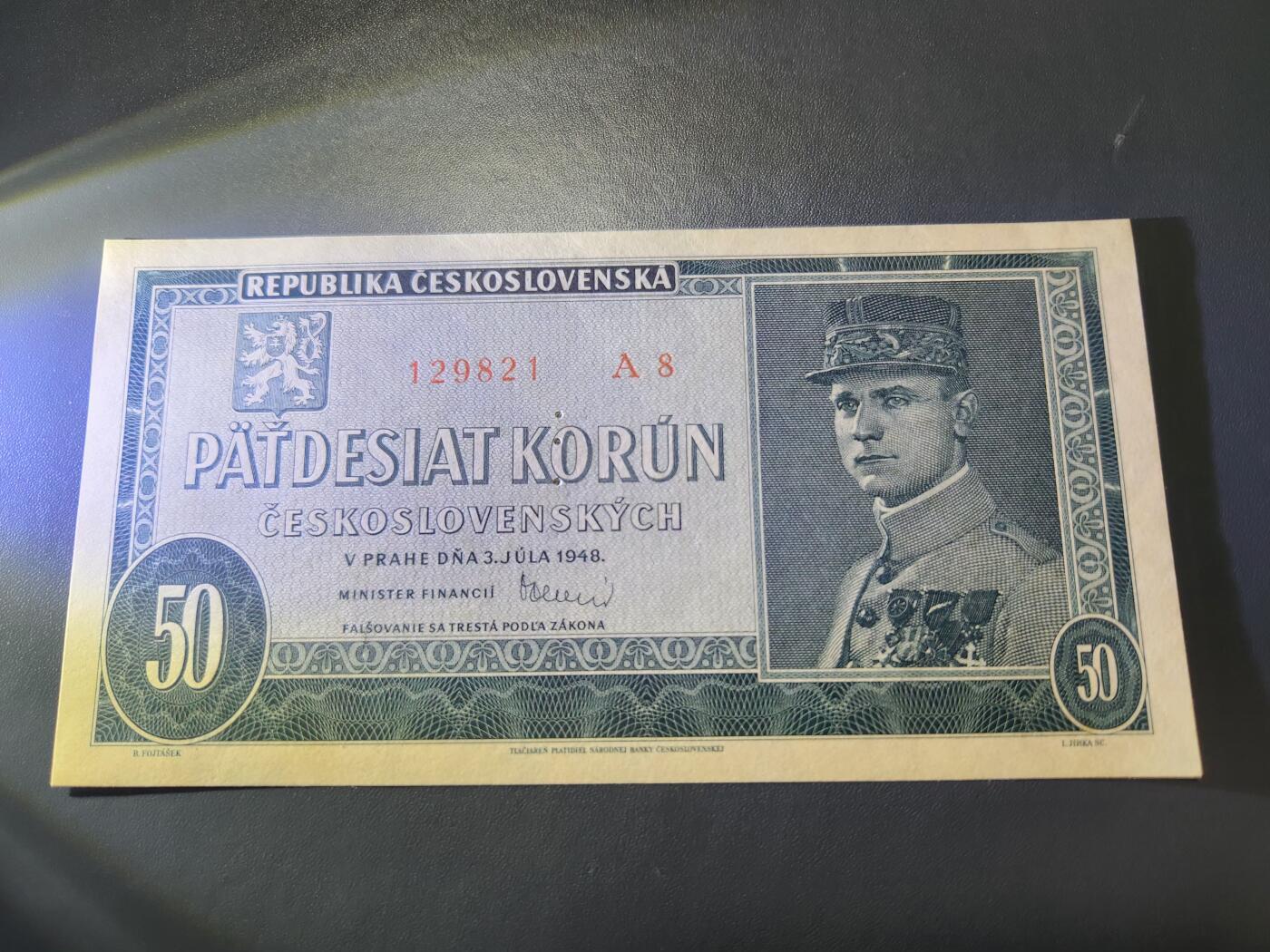 11月8号晚上8点 外国纸币自动截拍第53场 打孔样票无1948年捷克斯洛伐克50克朗 稀少 全新UNC