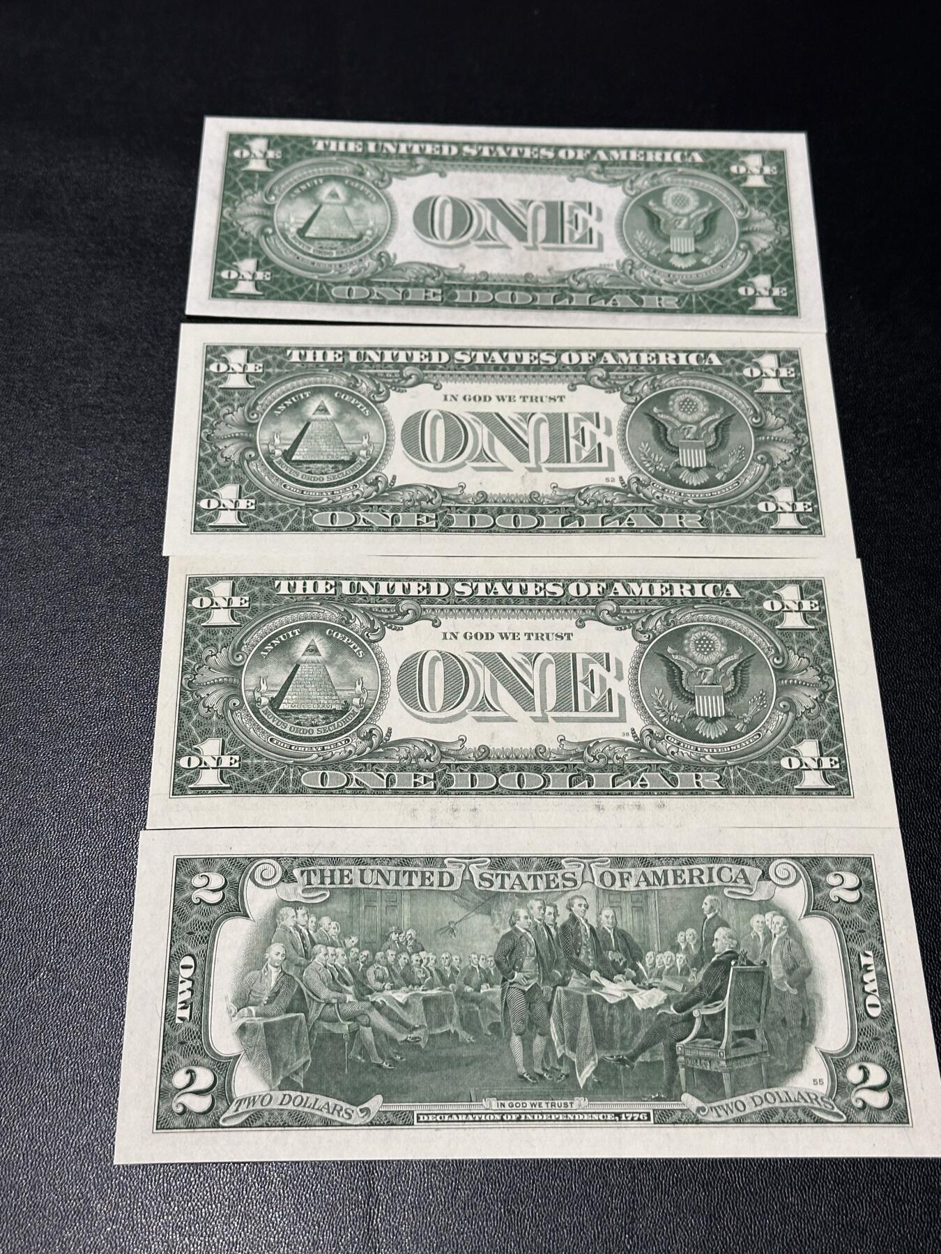 《外钞收藏家》第五百八十二期（精品场）（本平台长期征集拍品、欢迎藏友们联系合作） 美国1美元蓝库印全新不绝+1美元加印彩色全新+13年1美元UNC-+2美元全新 四张一起