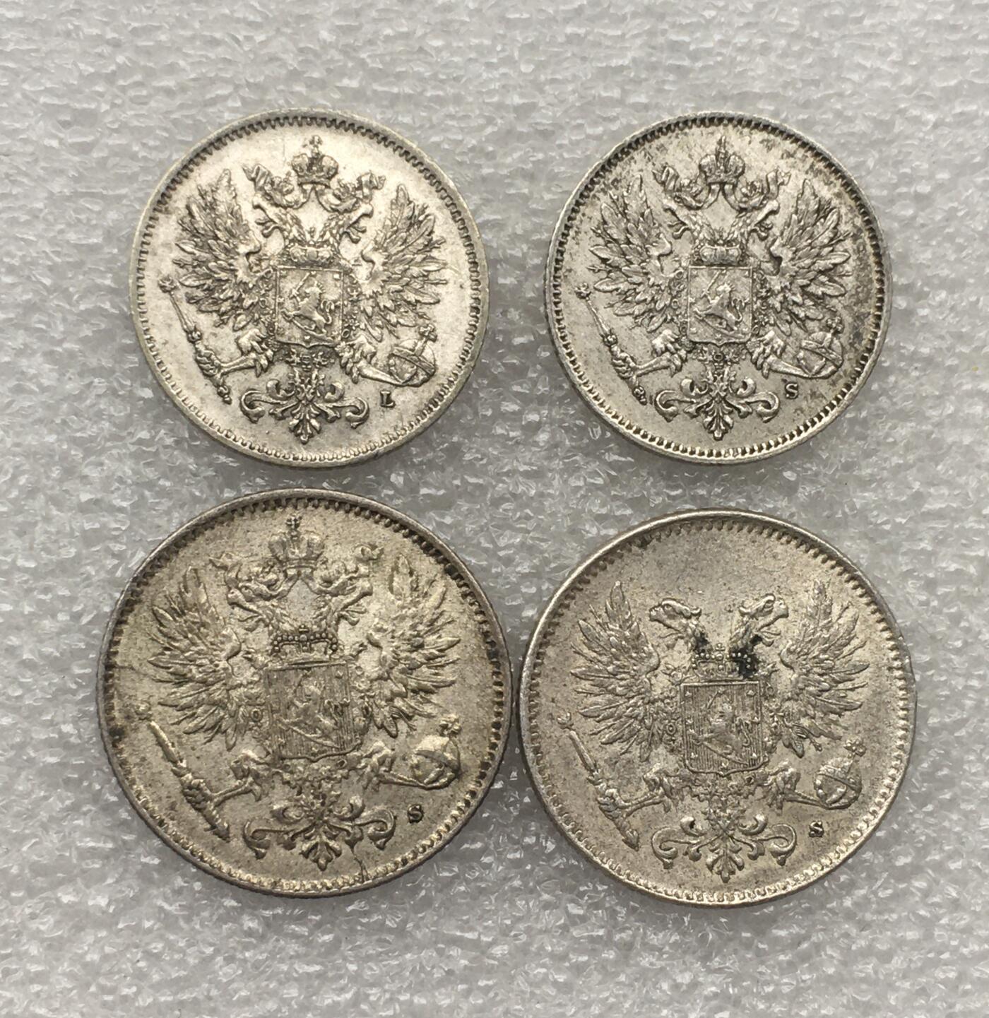 世界钱币专场拍卖 每周二开拍 好品1908-1917年俄占芬兰25.50芬妮银币 4枚一组