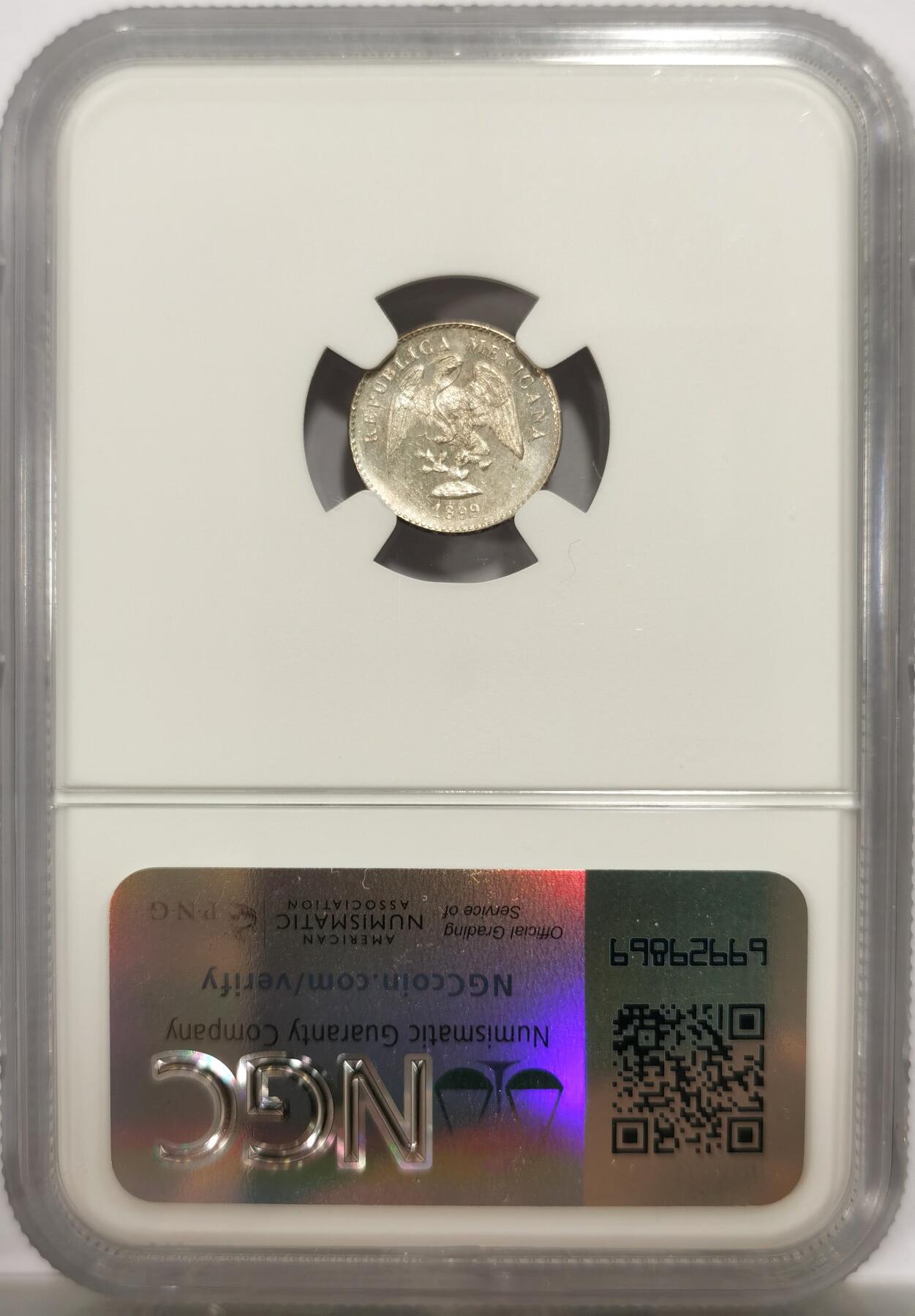 博洋堂“物美丰成”11月精品专场暨第145期（全场包邮） NGC MS64 墨西哥1899MO M鹰洋5分银币，细节和光度都不错的一枚，值得收藏。