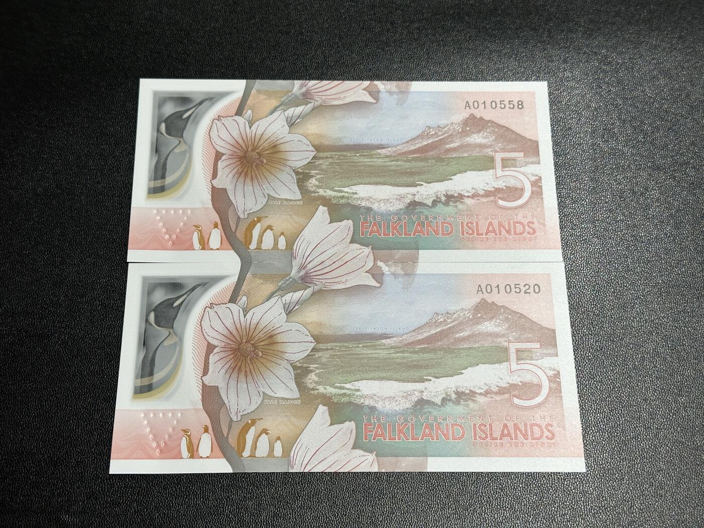 《外钞收藏家》第五百八十二期（精品场）（本平台长期征集拍品、欢迎藏友们联系合作） 2025年福克兰群岛5镑 A冠 2张一起 全新UNC 无47尾520、558