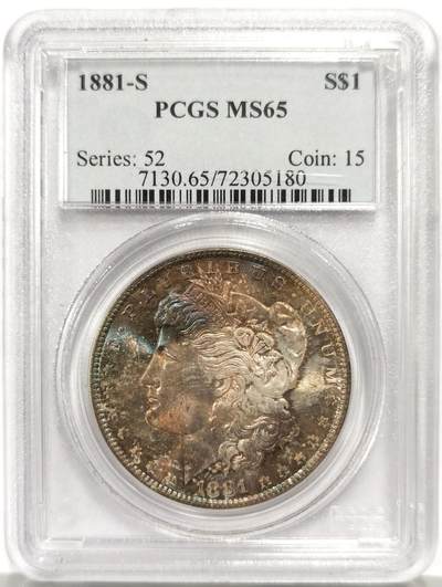 博洋堂“物美丰成”11月精品专场暨第145期（全场包邮） - PCGS MS65 美国1881年摩根银币S版，原汁原味五彩老包浆，包浆醇厚润泽，转光强烈细节优秀，原封拆卷，正面五彩，背面类PL状态，状态一流。