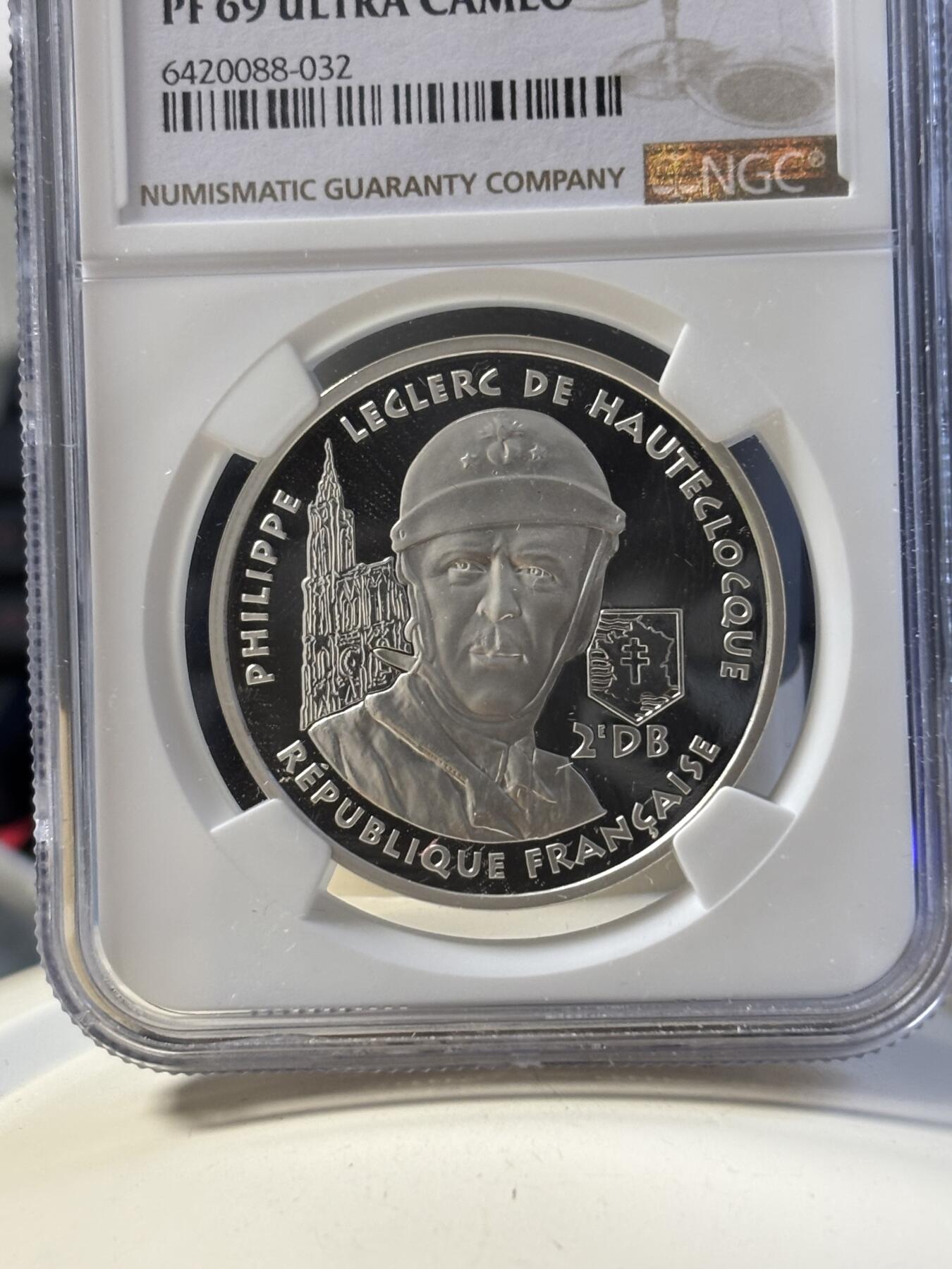第181期拍卖 法国1994年二战系列勒克莱尔元帅银样币NGC-PF69，900银，22.2克，发行1850枚