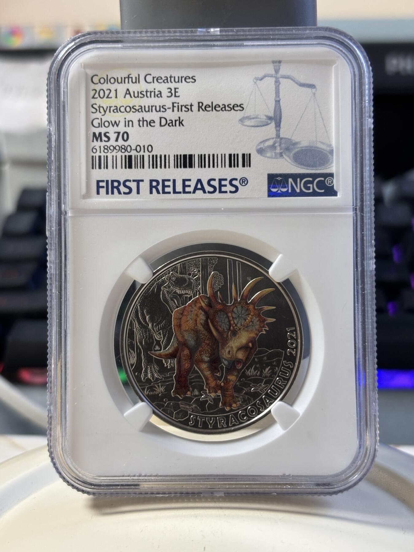 第181期拍卖 奥地利2021年夜光恐龙系列亚伯达戟龙纪念币NGC-MS70首无盒无证书