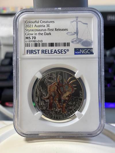 第181期拍卖 - 奥地利2021年夜光恐龙系列亚伯达戟龙纪念币NGC-MS70首无盒无证书