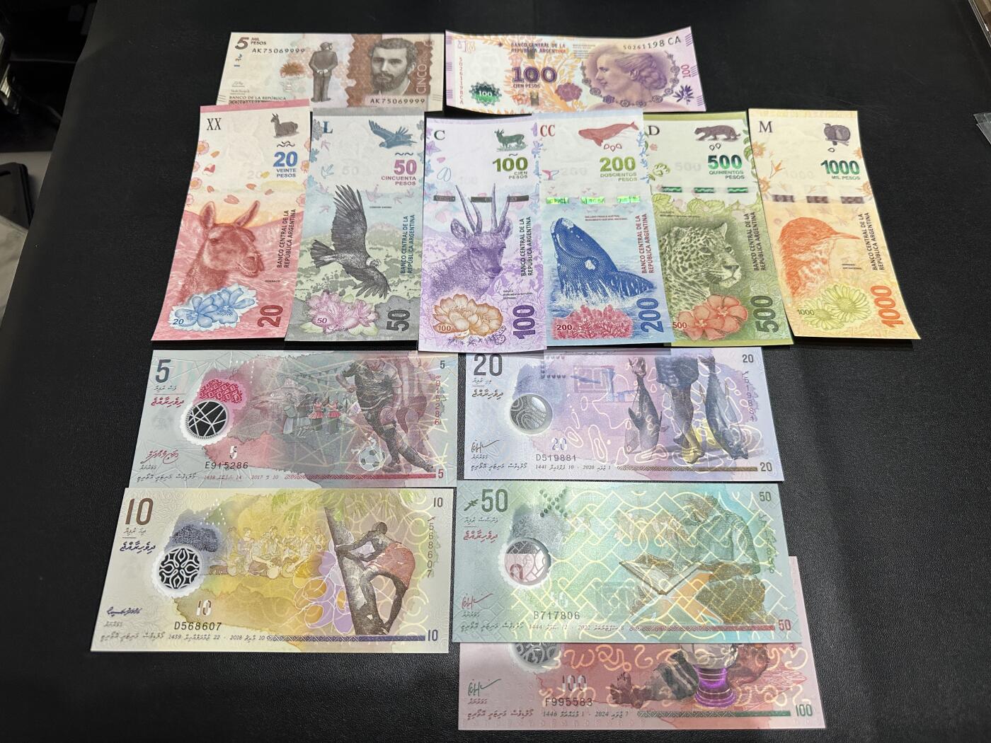 《外钞收藏家》第五百八十二期（精品场）（本平台长期征集拍品、欢迎藏友们联系合作） 马尔代夫小面额5张+阿根廷1套6张+阿根廷100+哥伦比亚狮子号9999一起 全新UNC