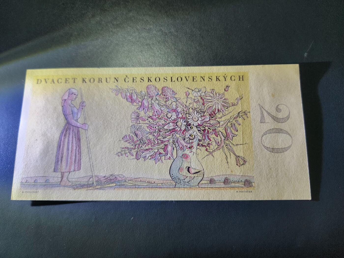 11月8号晚上8点 外国纸币自动截拍第53场 打孔样票 1949年捷克斯洛伐克20克朗花环少女纸币 全新UNC