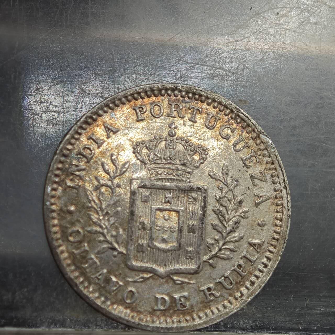 【淘币小摊】实时拍第七百八十九拍   散币场   满百包邮可预留二周 每周一统一发货   葡属印度1881年1/8卢比银币有焊点