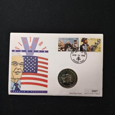 【全场包邮】纯粹捡漏拍475场（免费代拍第12场） - 【邮币封】特克斯和凯克斯群岛1995年5克朗二战胜利50周年-三巨头克朗型纪念币邮币封