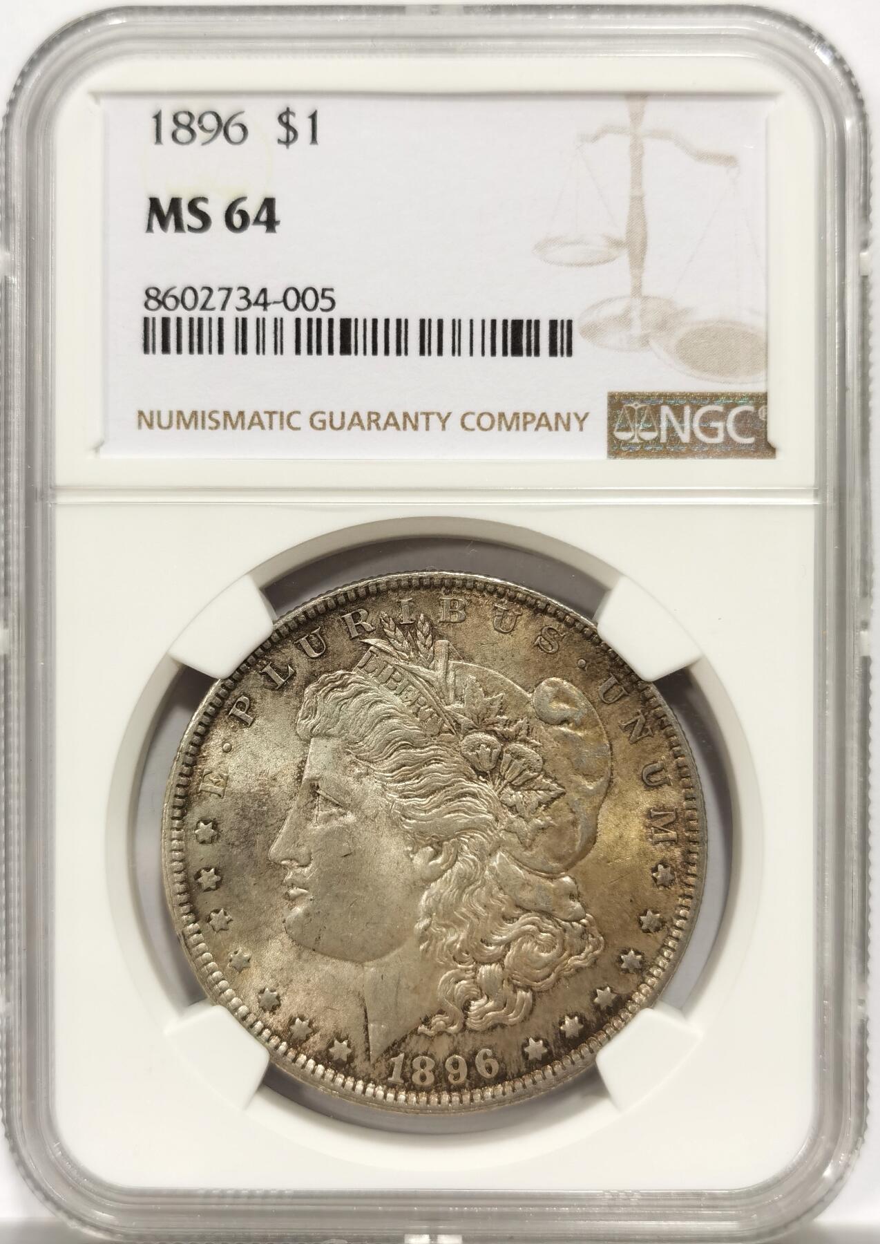 博洋堂“物美丰成”11月精品专场暨第145期（全场包邮） PCGS MS64 美国1896年摩根银币P版，原汁原味双面五彩老包浆，状态一流。味道币味道足，酱彩锋利感十足。