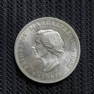 道一币馆币章第一百五十三场 - 丹麦1958年玛格丽特公主18岁生日纪念2克朗银币 15g 800s