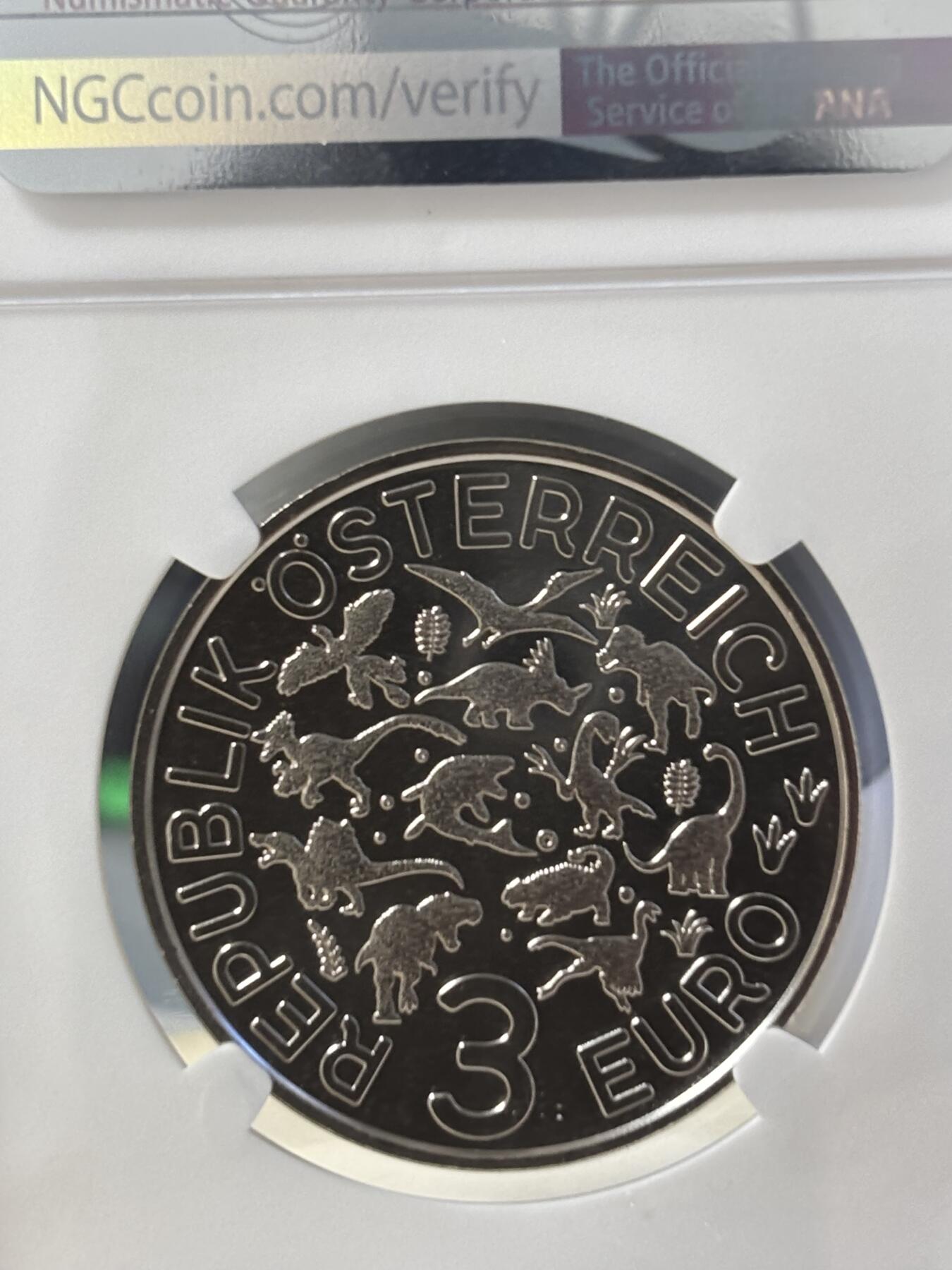 第181期拍卖 奥地利2021年夜光恐龙系列亚伯达戟龙纪念币NGC-MS70首无盒无证书