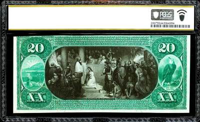 【Blue Auction】世界纸币精拍第746期——18级TOP拍卖/信誉/品质/专业/高效💫 - 【唯一冠军分】美国 1875年20美金 PCGS64EPQ 正面莱克星顿的枪声宣告美国独立战争的开始 背面大场景经典油画《波卡洪塔斯的洗礼》（这枚纸币的谱系可追溯至1975年6月的一场拍卖会，由先驱纸币交易商威廉·多隆于纽约尤蒂卡举办，当时它是该拍卖会中少数几件被认为值得被拍成照片的拍品之一。在那场拍卖会上，它拍出了790美元的价格，对于那个时代而言是一笔可观的收入）