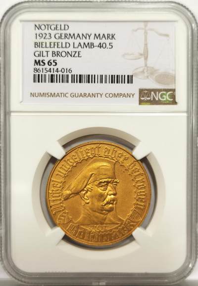 博洋堂“物美丰成”11月精品专场暨第145期（全场包邮） - NGC MS65 德国德紧比勒菲尔德1923年1金马克镀金铜币，名誉品种