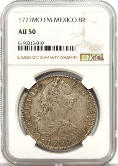 博洋堂“物美丰成”11月精品专场暨第145期（全场包邮） - NGC AU50 墨西哥1777MO FM卡洛斯三世人像双柱，好年份，双面深打，细节清晰，带底光。卡三双柱近年来非常热门，价格逐年攀升。这枚币的状态好于分数，高性价比值得入手。