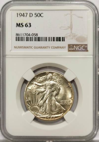 博洋堂“物美丰成”11月精品专场暨第145期（全场包邮） - NGC MS63 美国1947年D版行走女神半美元银币，UNC全新未流通，原始出厂状态，币面清爽干净又漂亮，极美车轮转光，转光强烈细节优秀。