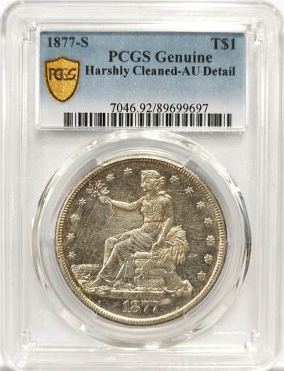 博洋堂“物美丰成”11月精品专场暨第145期（全场包邮） - PCGS AU 美国1877年拿花贸易银元，高点基本无磨损，正面清洗痕，背面鹰面原光较完整