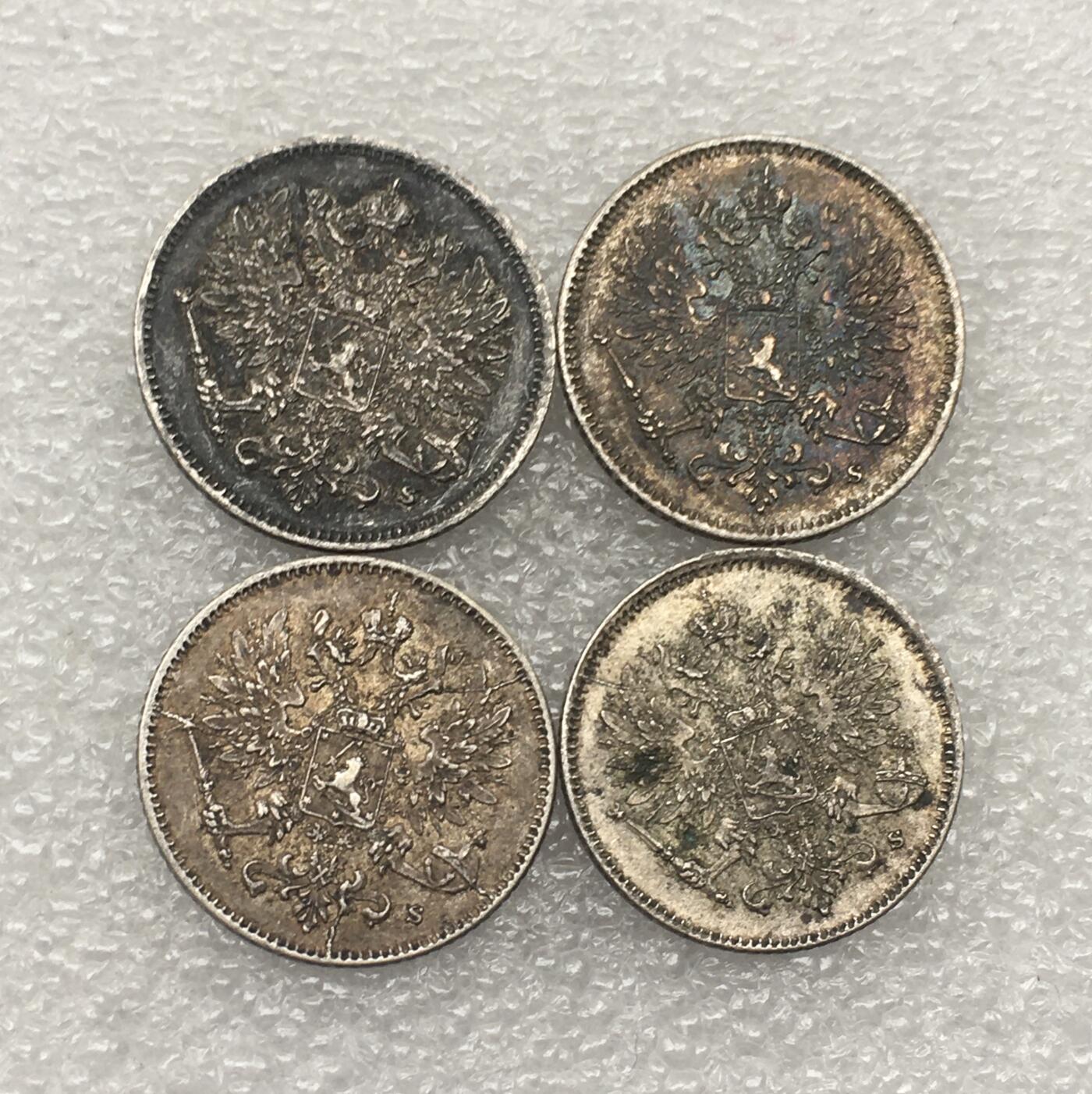 世界钱币专场拍卖 每周二开拍 好品1915.1916年俄占芬兰双头鹰25芬妮银币 4枚一组