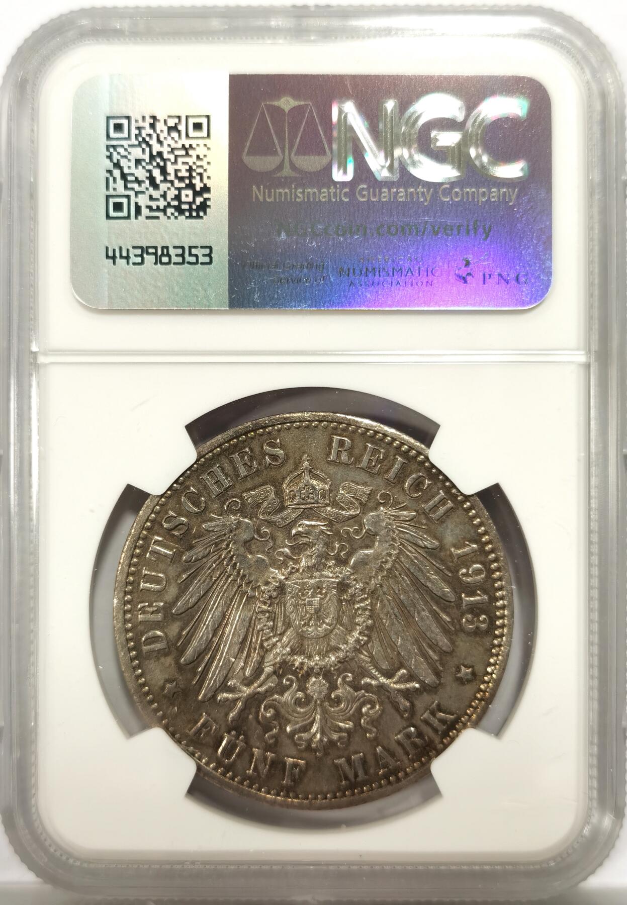 博洋堂“物美丰成”11月精品专场暨第145期（全场包邮） NGC AU 德国汉堡1913年5马克银币 细节高点基本无损