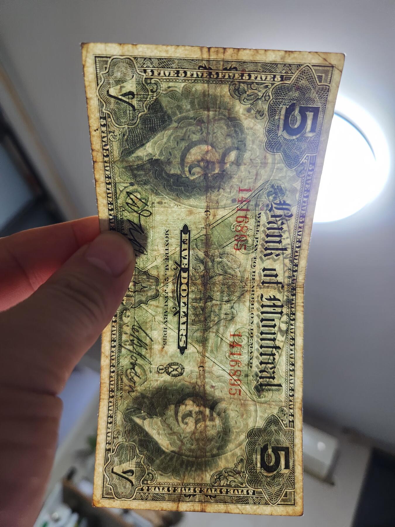 11月8号晚上8点 外国纸币自动截拍第53场 加拿大1935年5镑 稀少品种原票