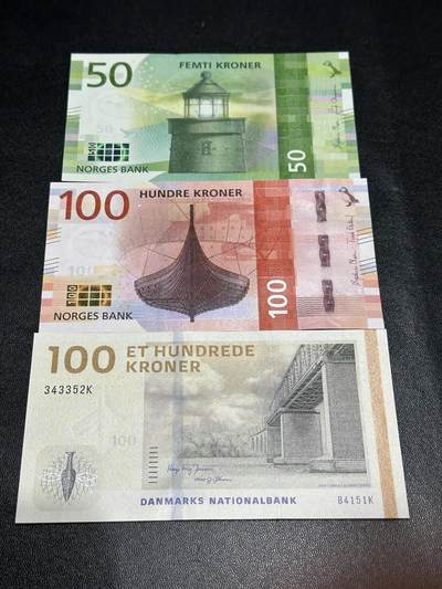 《外钞收藏家》第五百八十二期（精品场）（本平台长期征集拍品、欢迎藏友们联系合作） - 挪威50和100克朗+丹麦100克朗 3张一起 全新UNC