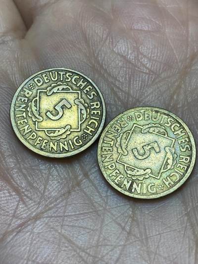 2025年第一百二十四场(总第一百五十场）外国好品散币(免佣金) - 好品–德意志魏玛共和国1924年5芬尼2枚(地产抵押马克，J标汉堡造)