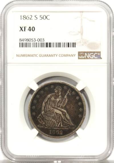 博洋堂“物美丰成”11月精品专场暨第145期（全场包邮） - NGC XF40 美国1862年S版拿花半圆银币 酱黑彩 少见的断笔小S版