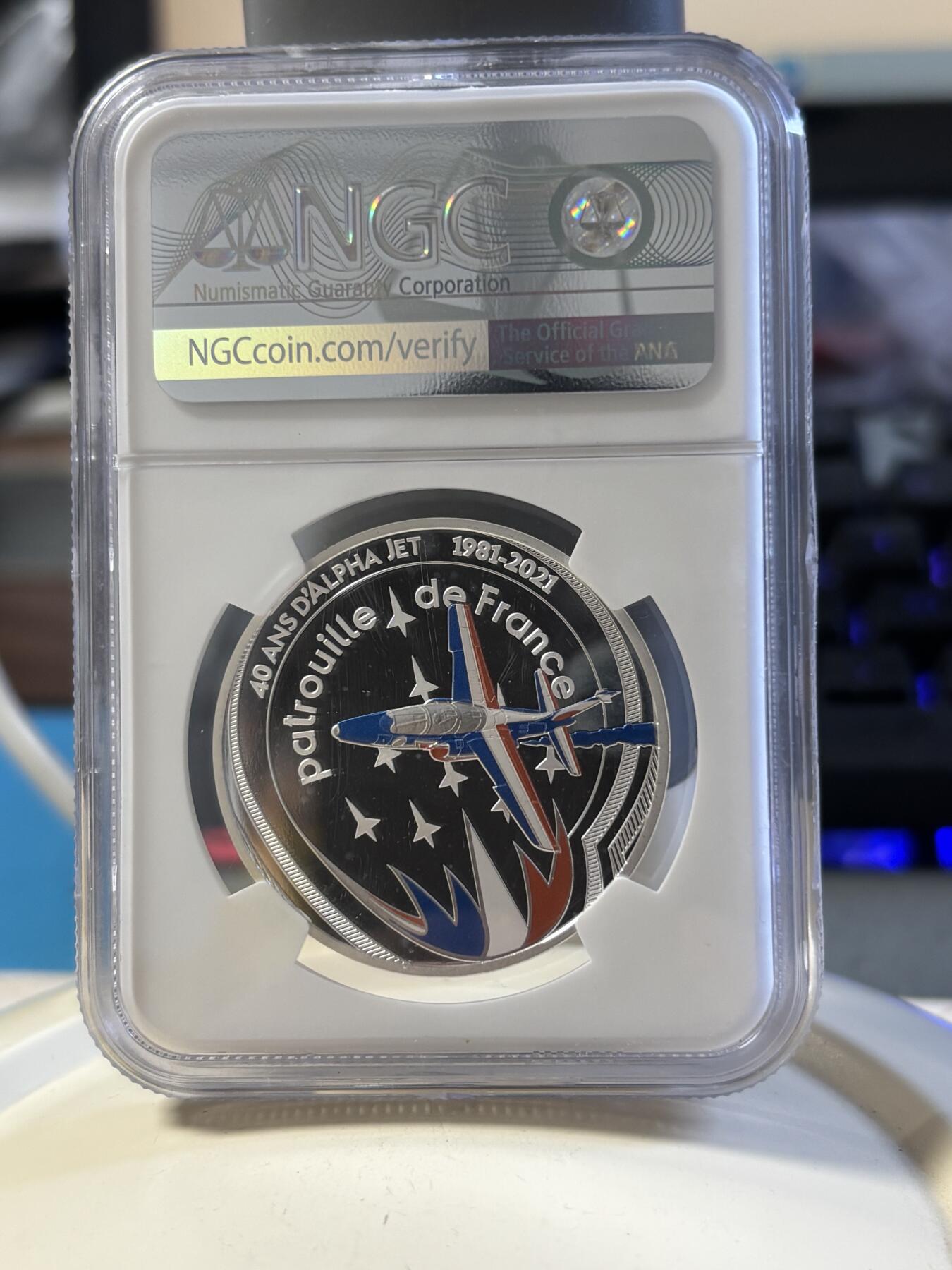 第181期拍卖 法国2021年航空历史系列阿尔法喷气机纪念彩色银币NGC-MS69首无盒无证书，999银，22.2克，发行2500枚