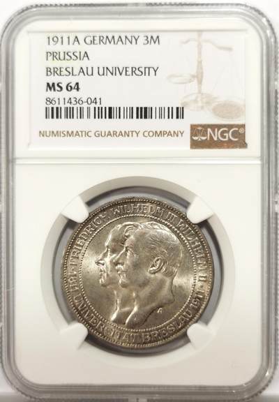 博洋堂“物美丰成”11月精品专场暨第145期（全场包邮） - NGC MS64 德国普鲁士1911年布雷斯劳大学纪念3马克银币
