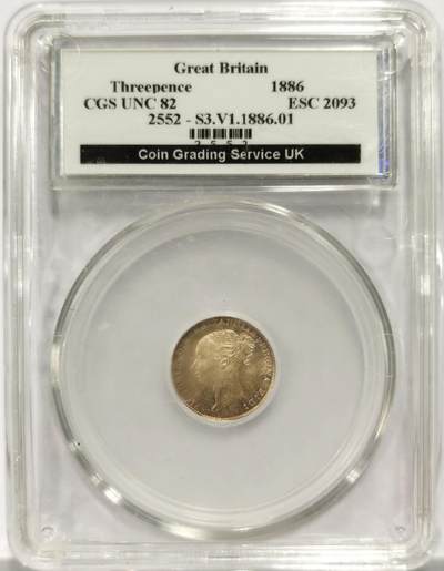 博洋堂“物美丰成”11月精品专场暨第145期（全场包邮） - 英国CGS评级 UNC82 英国1886年维多利亚批纱精制3便士 ESC 2093