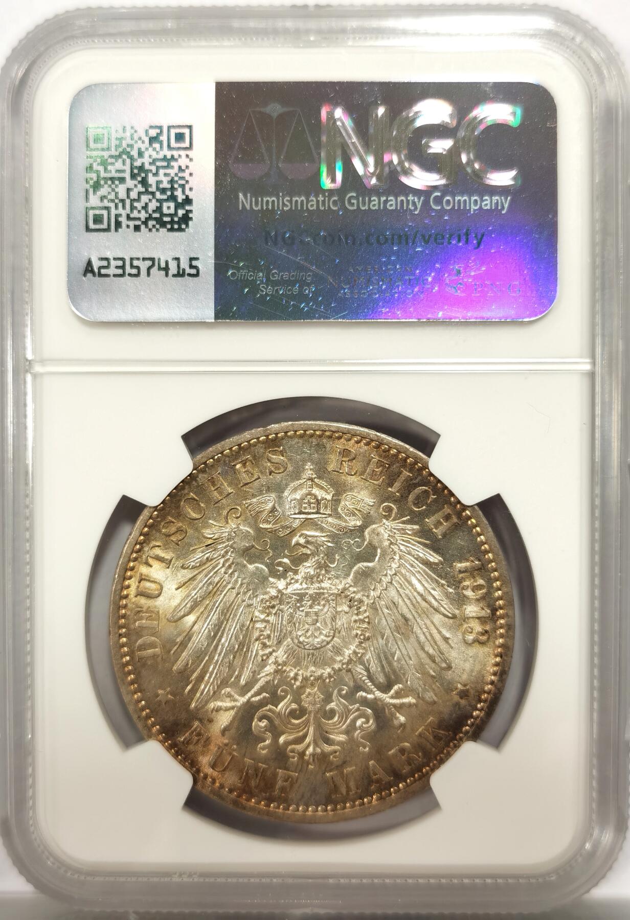 博洋堂“物美丰成”11月精品专场暨第145期（全场包邮） NGC MS63 德国巴登1913年弗里德里希大公流通5马克银币，非常稀少的流通版，金色的包浆，少见的高分！