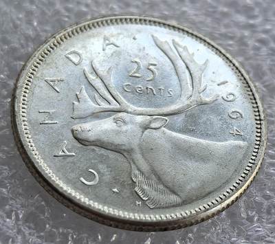  外国优质老铜币银币，周六九点倒数截拍，满百包邮，可寄存半年，喜欢朋友微信扫描二维码可直接参拍 - 精制加拿大1964年25分银币