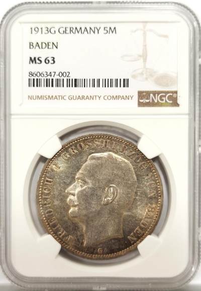 博洋堂“物美丰成”11月精品专场暨第145期（全场包邮） - NGC MS63 德国巴登1913年弗里德里希大公流通5马克银币，非常稀少的流通版，金色的包浆，少见的高分！