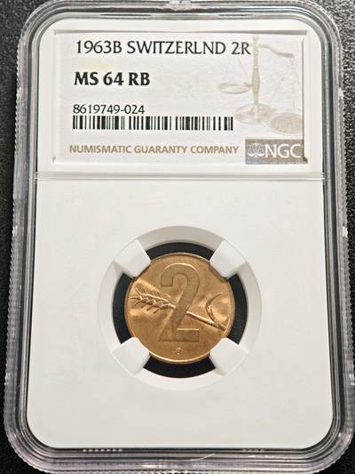【德藏】世界币章拍卖第152期（拍品征集中~欢迎藏友联系） - 1963年 瑞士2生丁铜币  原光十足 NGC MS64RB