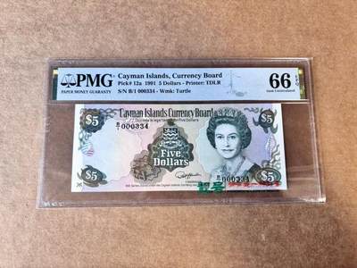 【Blue Auction】世界纸币精拍第747期——18级TOP拍卖/信誉/品质/专业/高效💫 - 【B/1首发冠 百位小号】开曼群岛 1991年5元 女王 PMG66EPQ 