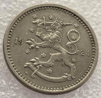  外国优质老铜币银币，周六九点倒数截拍，满百包邮，可寄存半年，喜欢朋友微信扫描二维码可直接参拍 - 芬兰1924年1马克大型镍币版