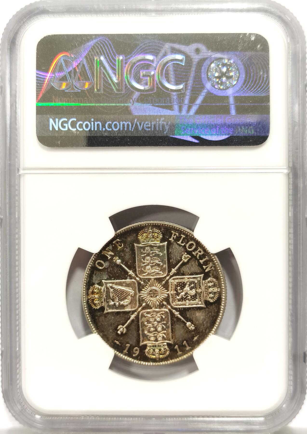 博洋堂“物美丰成”11月精品专场暨第145期（全场包邮） NGC PF67 英国1911年乔治五世精制1弗洛林银币 英系经典品种，镜面效果好，尤其背面，蓝金彩，少见彩系，非常漂亮