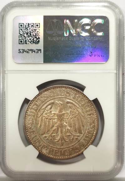 NGC MS63 德国魏玛1931年大橡树5马克银币，“J”版的流通很少，金色的包浆，低评状态。