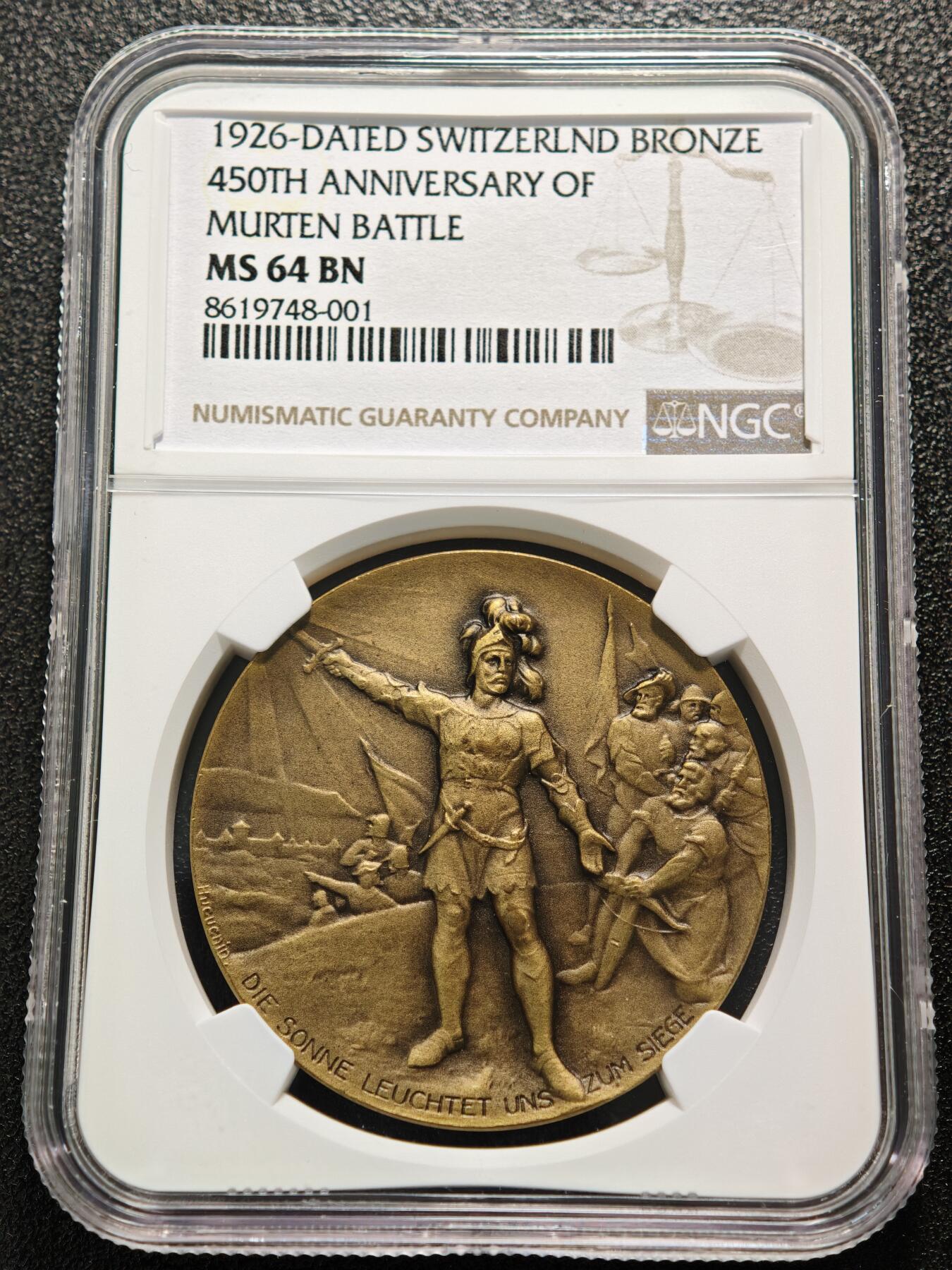 【德藏】世界币章拍卖第152期（拍品征集中~欢迎藏友联系） 1926年 瑞士穆尔滕战役450周年纪念铜章  浮雕感极强 人物刻画传神 NGC MS64BN 穆尔滕战役‌是1476年瑞士联邦与勃艮第公国在瑞士穆尔滕地区爆发的关键战役(详细介绍请看拍品介绍)