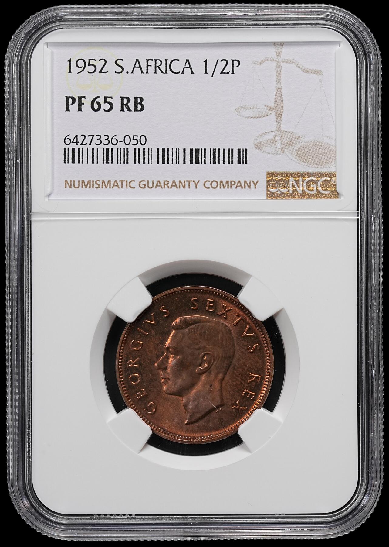 修遠堂世界钱币第九十二期 NGC PF65RB 1952年南非1/2便士精制铜币 稀少仅铸造1550枚