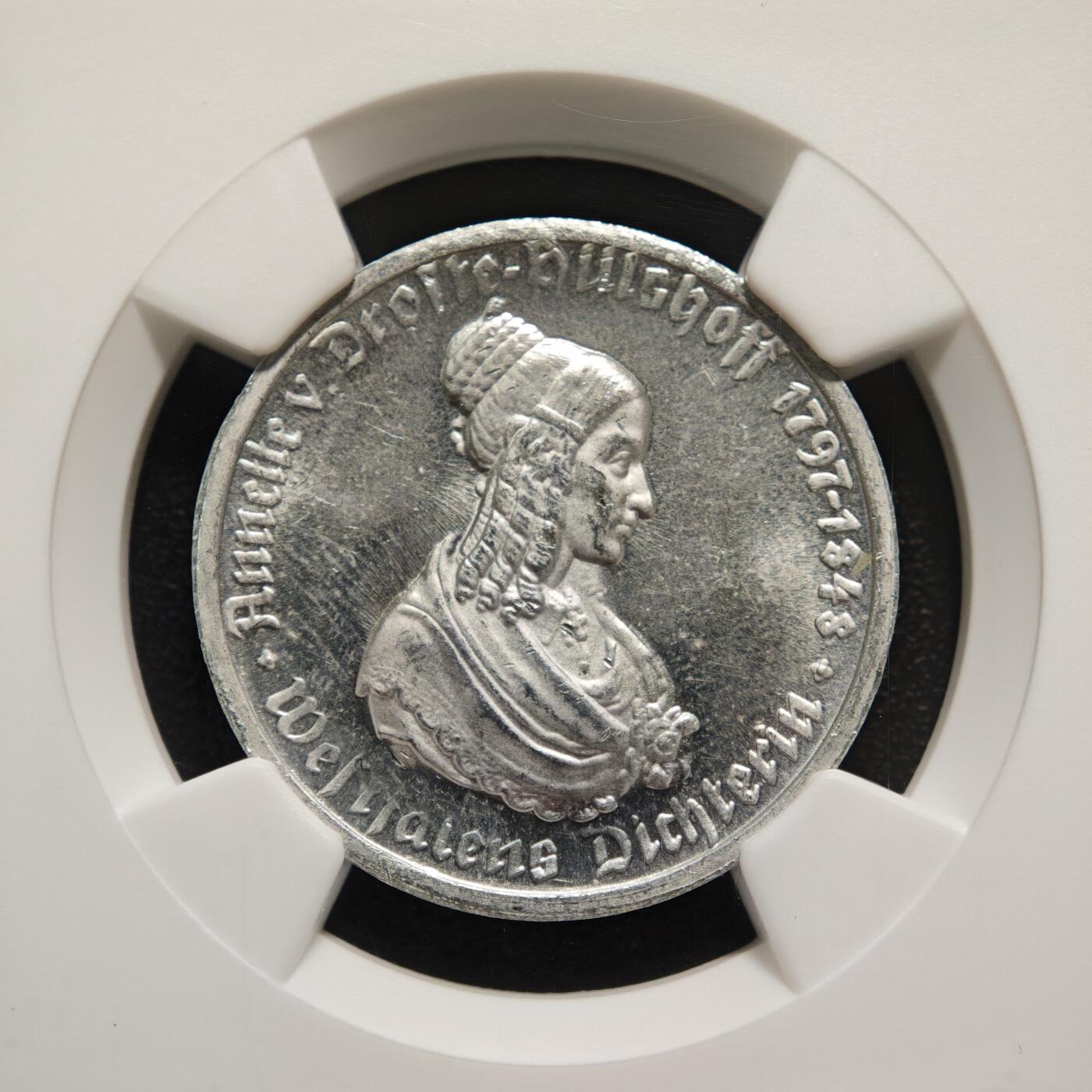 【德藏】世界币章拍卖第152期（拍品征集中~欢迎藏友联系） 1923年 德国德紧威斯特法伦女诗人像50马克马币铝币  原光十足 NGC MS63