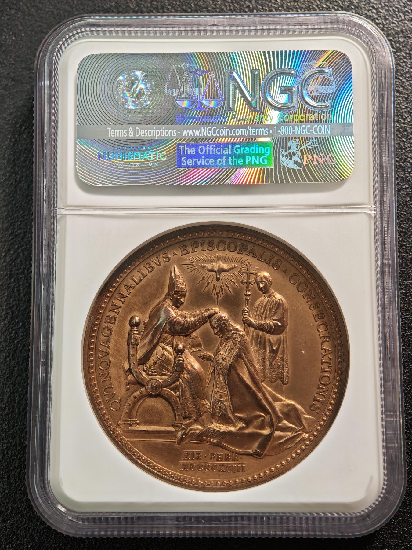 【德藏】世界币章拍卖第152期（拍品征集中~欢迎藏友联系） 1893年 梵蒂冈教皇利奥十三世高浮雕纪念铜章 细节设计立体且细腻 人物刻画传神 NGC UNC