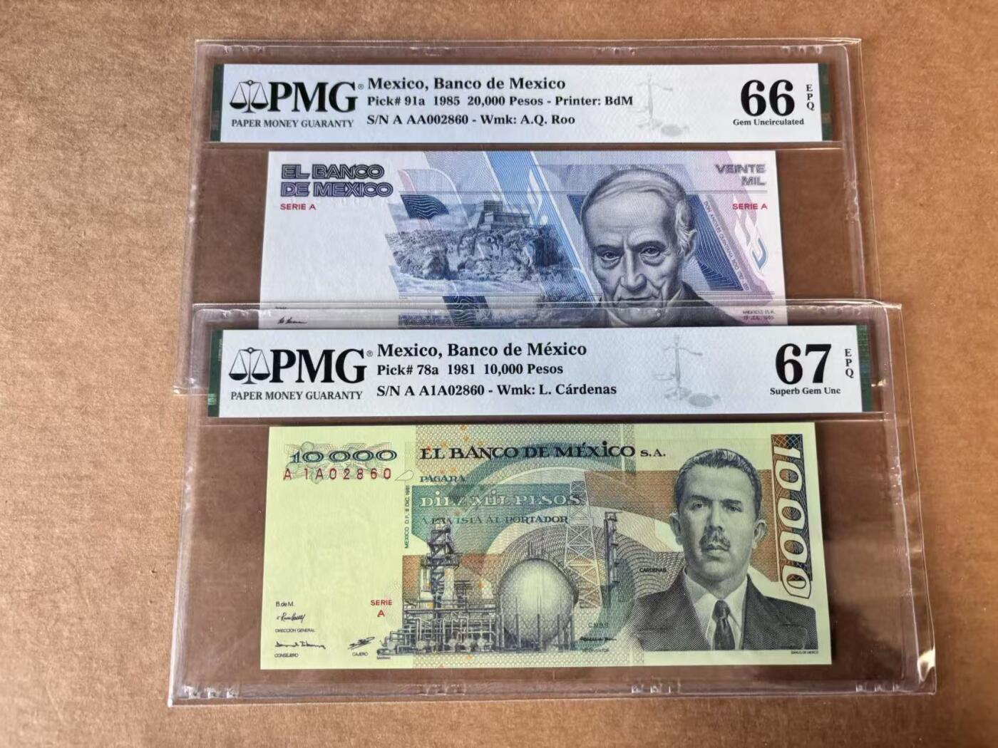 【Blue Auction】世界纸币精拍第747期——18级TOP拍卖/信誉/品质/专业/高效💫 【一组13张 首发全同千位小号无47】墨西哥 1969-88年5-10万比索 背面古迹 设计精美 PMG68EPQ-65EPQ 