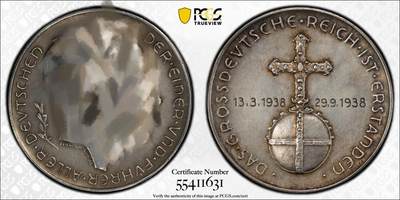 万国钱币拍卖第054期 - PCGS SP58 1938年德国民族社会主义工人党纪念吞并奥地利银章 C-114 MATTE磨砂原味包浆 边835 （原图请私信后台或自行查询官网）