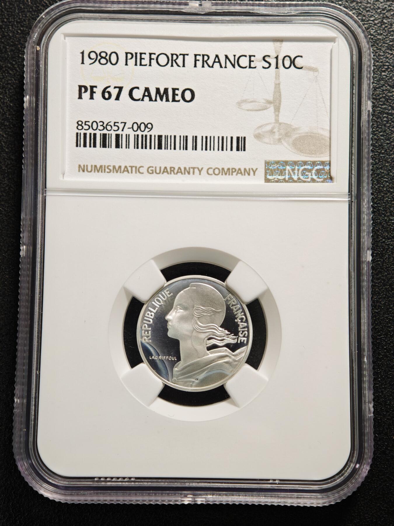 【德藏】世界币章拍卖第152期（拍品征集中~欢迎藏友联系） 1980年 法国第五共和国  10分加厚精制银币 7.6克 950银 资料显示发行量仅820枚 季军分 NGC PF67 CAMEO