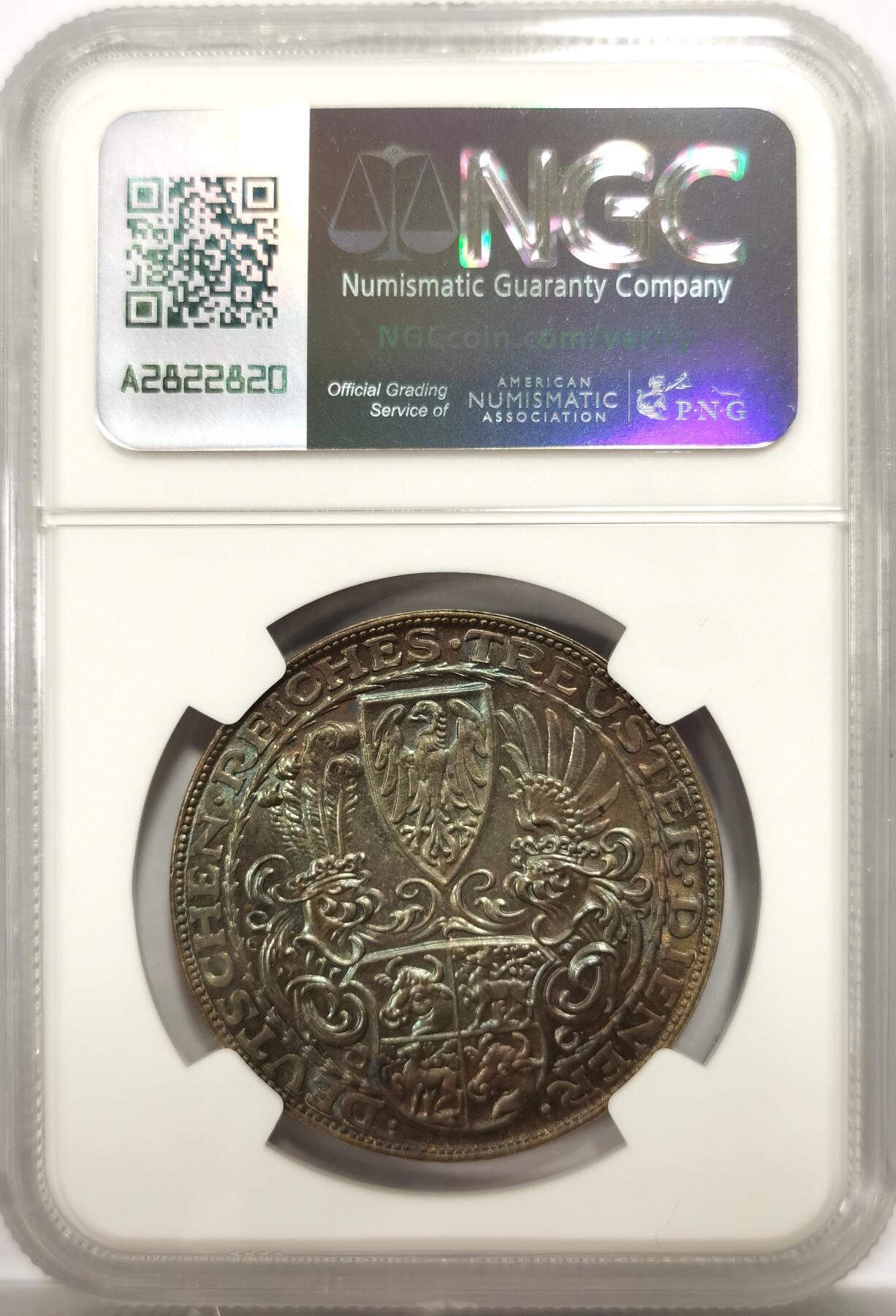 博洋堂“物美丰成”11月精品专场暨第145期（全场包邮） NGC MS64 德国兴登堡1927年80寿辰大银章，蓝紫的炫彩包浆，状态极佳！