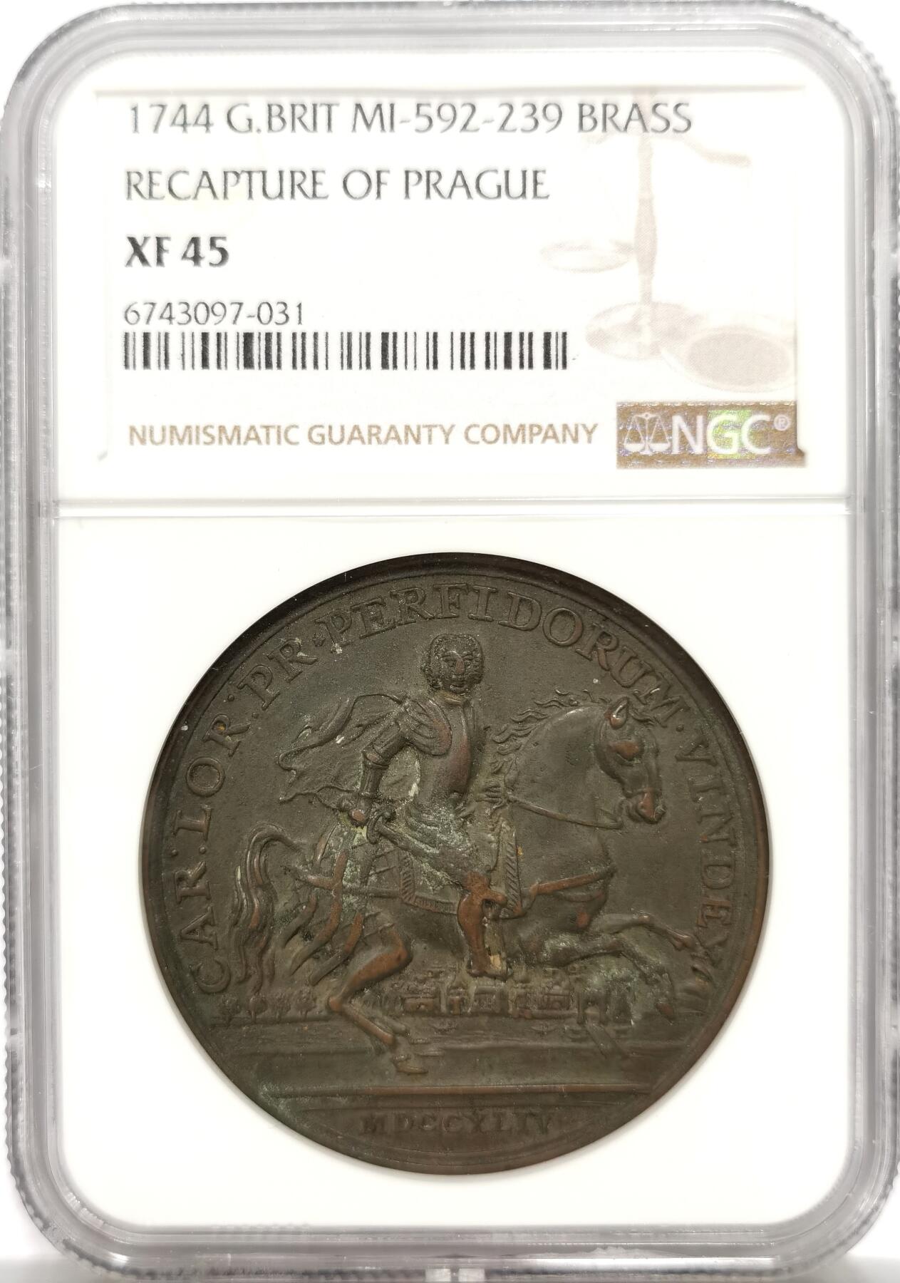 博洋堂“物美丰成”11月精品专场暨第145期（全场包邮） NGC XF45 英国1744年英国夺回布拉格纪念铜章 极少见品种，发行量仅260枚。章正面战争场面宏大，细节很棒，查尔斯·亚历山大王子脸部表情清晰可见，分数低评，该枚为NGC唯一冠军分，PCGS无入盒记录
