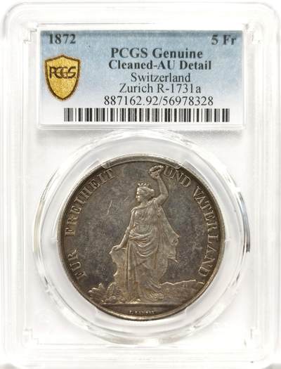 博洋堂“物美丰成”11月精品专场暨第145期（全场包邮） - PCGS AU 瑞士苏黎世1872年射击节5法郎大银币