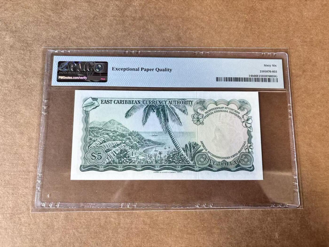 【Blue Auction】世界纸币精拍第747期——18级TOP拍卖/信誉/品质/专业/高效💫 【无47】东加勒比 1965年5元 戎装女王  PMG66EPQ 