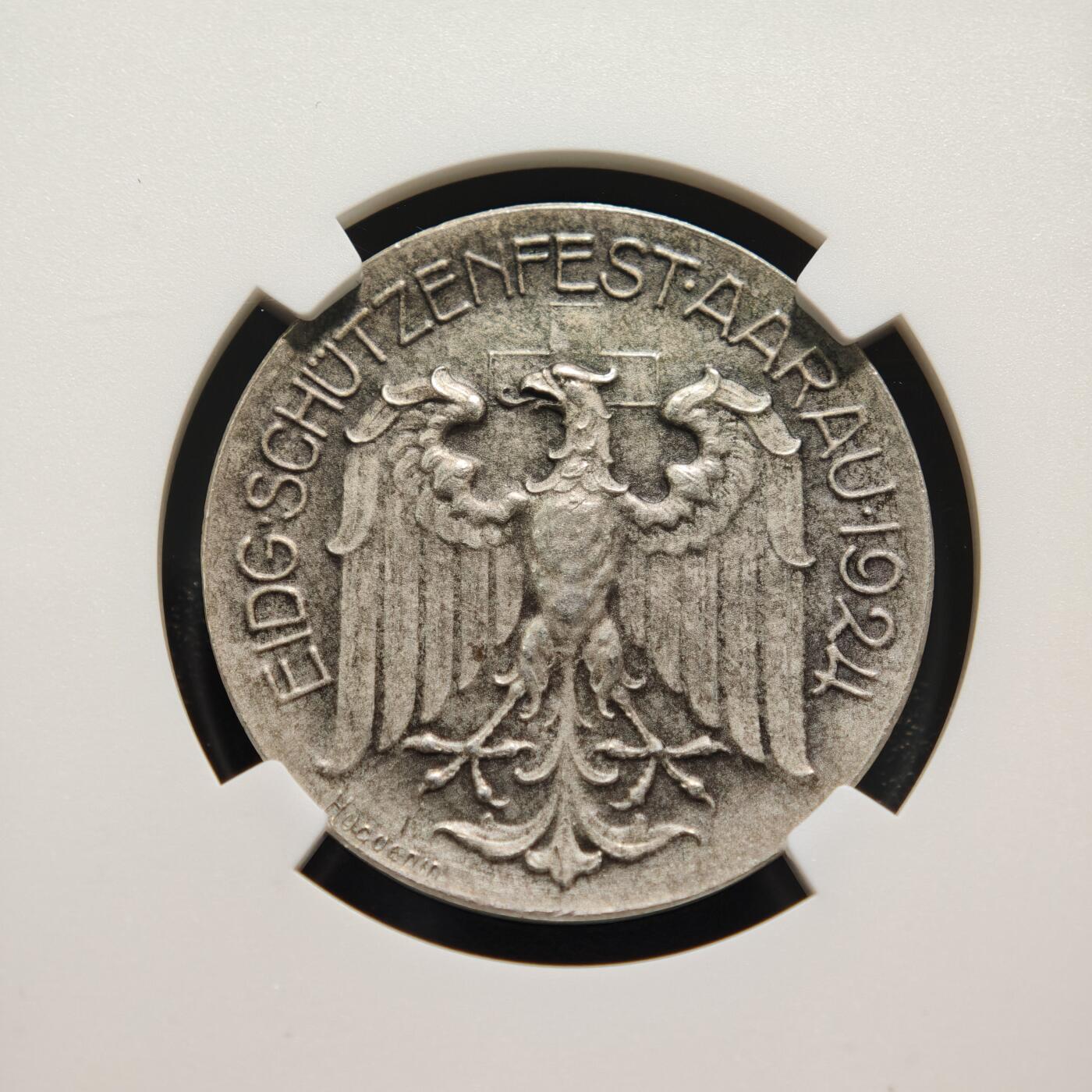 【德藏】世界币章拍卖第152期（拍品征集中~欢迎藏友联系） 1924年 瑞士阿尔高州阿劳射击节银章  磨砂质感 鹰徽细腻 整体包浆搭配图案映衬出十足朦胧感 NGC MS64